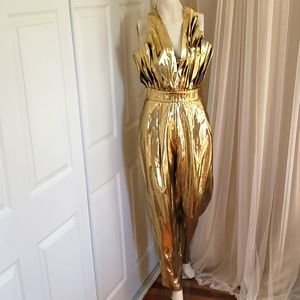 1970s/BB Collections Golden Metallic Lamé Halter Jumpsuit